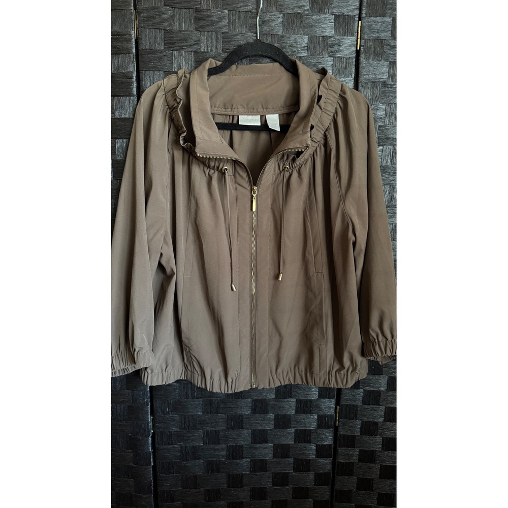 Chico's Zenergy Size 2 Large Brown Ruffle Hooded Windbreaker Jacket 3/4 Sleeve